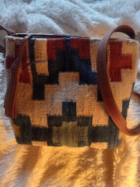 Boho carpet /leather trim crossbody purse